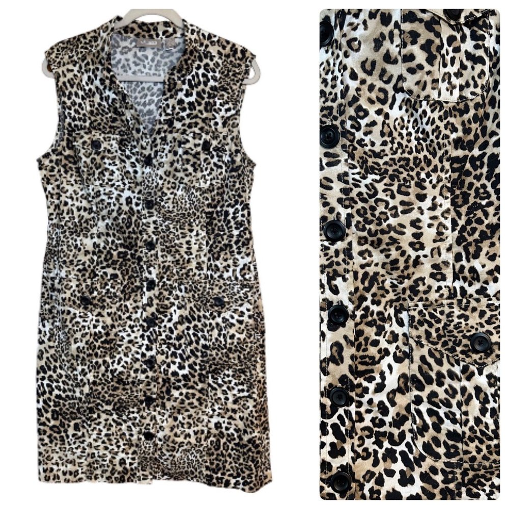 Chico's Ladies Sleeveless Button Down Safari Leopard Print Dress Size 2 (Bin 11)